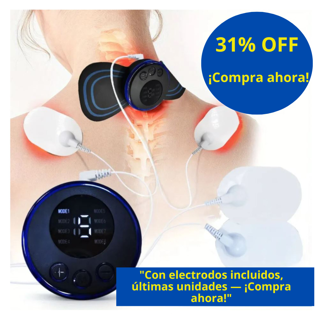 "Alívio del Dolor y Relajación en Cualquier Lugar! Leve Seu Mini Masajeador Portátil y Disfruta de Electrodos Extras para Pontenciar Los Resultados!"