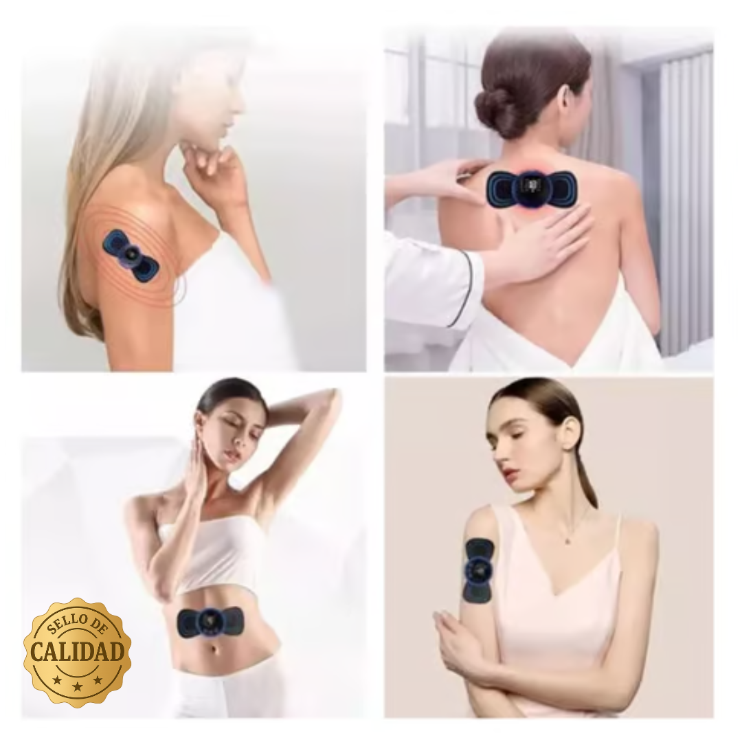 "Alívio del Dolor y Relajación en Cualquier Lugar! Leve Seu Mini Masajeador Portátil y Disfruta de Electrodos Extras para Pontenciar Los Resultados!"