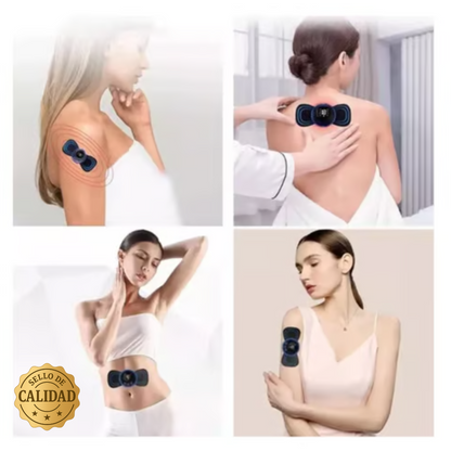 "Alívio del Dolor y Relajación en Cualquier Lugar! Leve Seu Mini Masajeador Portátil y Disfruta de Electrodos Extras para Pontenciar Los Resultados!"